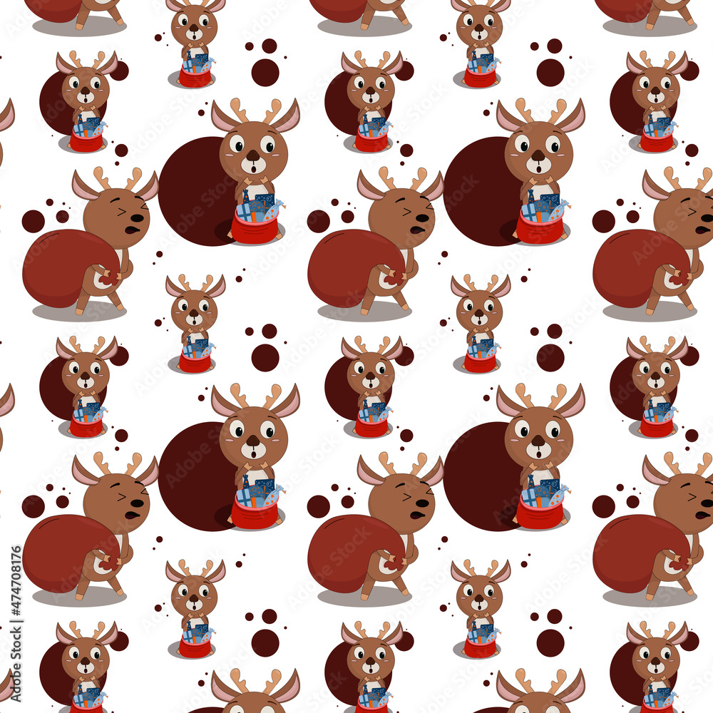 Fototapeta premium seamless pattern christmas deer carries a big bag with gifts for santa claus