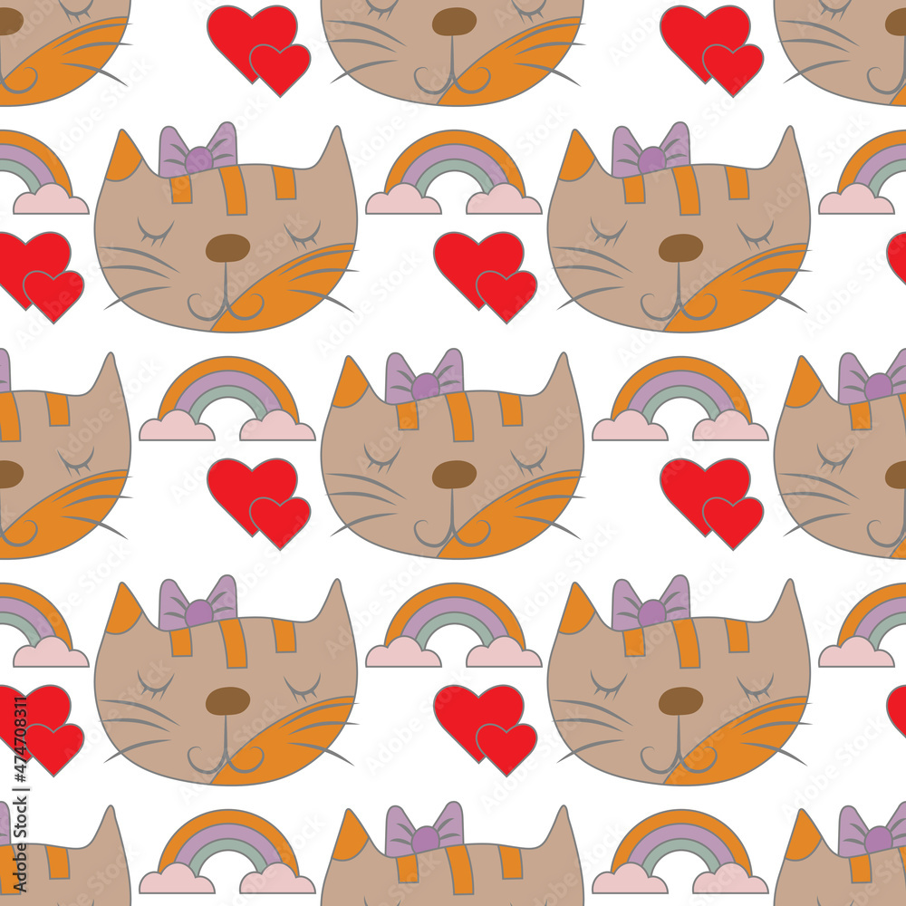 Seamless pattern with cute cat, rainbow, clouds, red hearts. Great for kids apparel, nursery decoration. Vector cartoon Illustration.