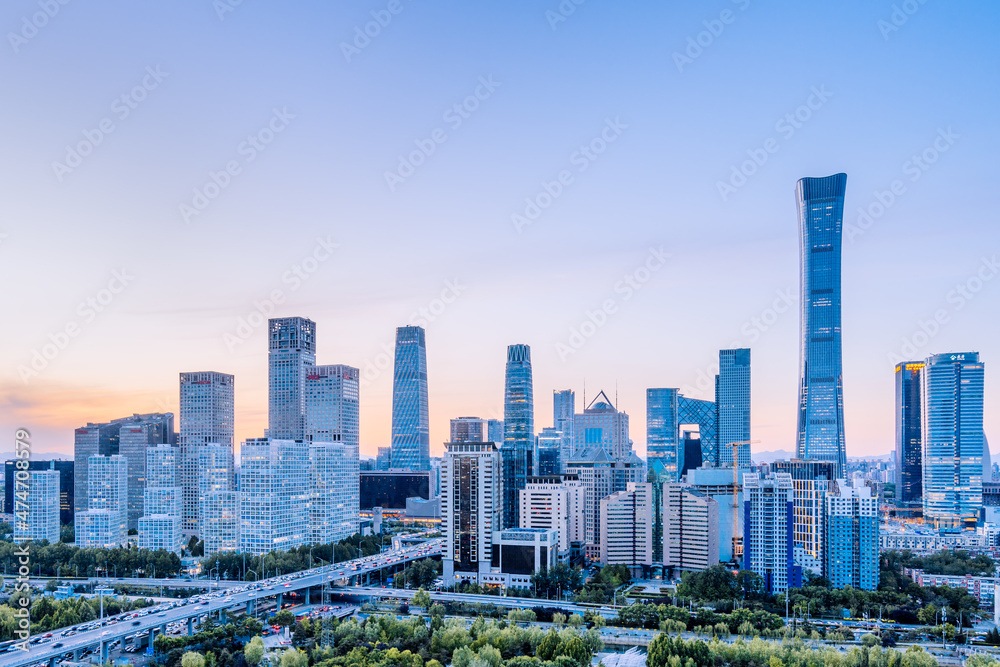 Naklejka premium Dusk scenery of CBD buildings in Beijing, China