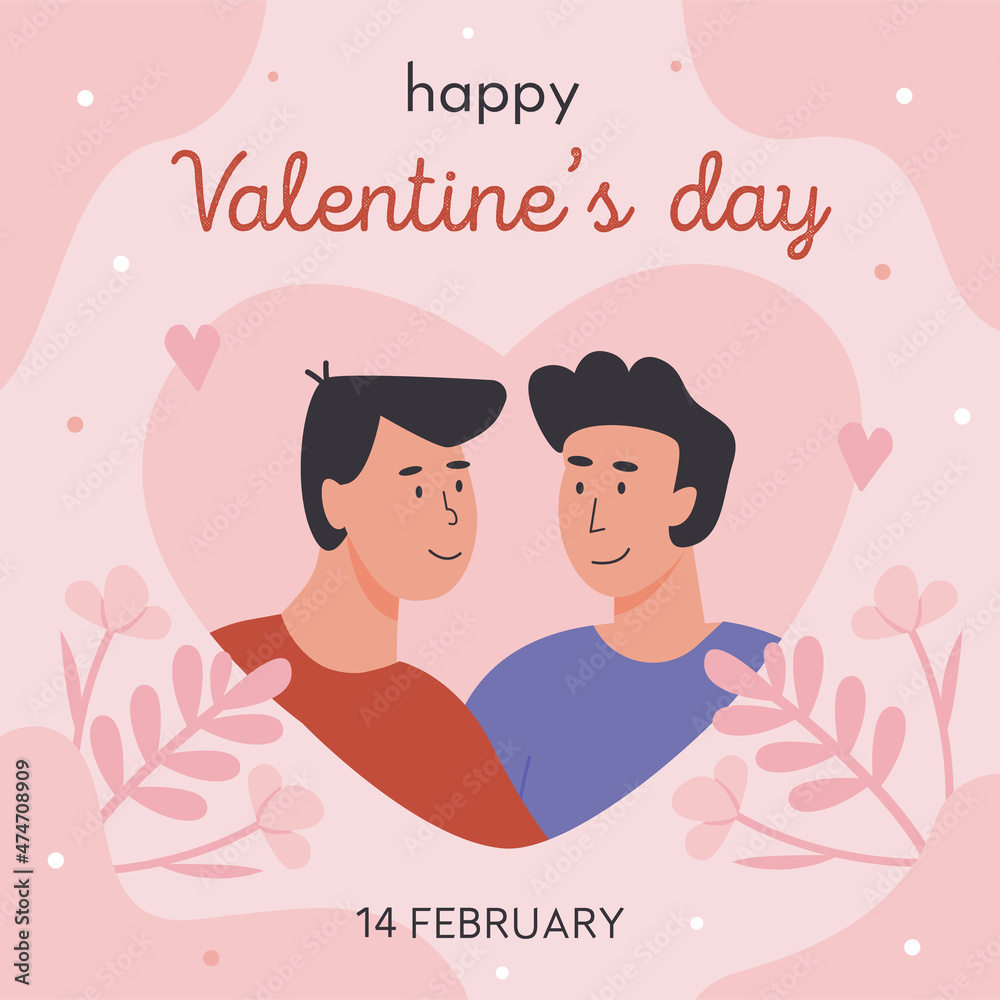 Valentines day square greeting card template for social media. Gay couple. Portrait of cute young couple. Homosexual romantic partners. Vector flat style illustration. Valentines day square greeting card template for social media. Gay couple. Portrait of cute young couple. Homosexual romantic partners. Vector flat style illustration.