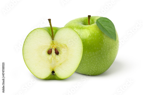 Fresh green apple fruit and halves with leaves isolated on white background.