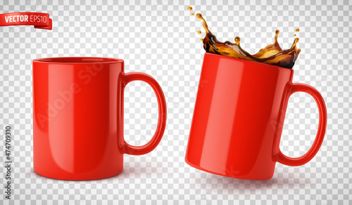 Vector realistic illustration of red ceramic mugs on a transparent background.