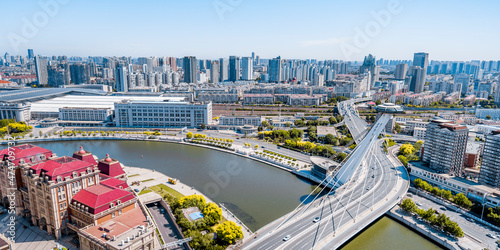 Scenery of Tianjin Bridge and high-rise buildings in China
