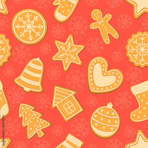 Christmas cookies on a red background. Seamless patterns on the New Year theme. Wrapping paper, fabric design. Vector image