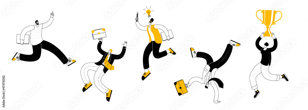 People are jumping merrily with a victory cup in their hands. Vector illustration in a flat style on the theme of the success of teamwork. People are jumping merrily with a victory cup in their hands. Vector illustration in a flat style on the theme of the success of teamwork.