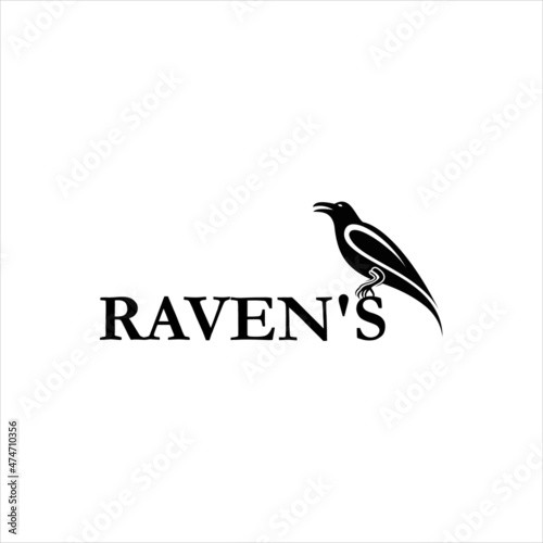 raven logo perched on a tree, black bird vector illustration