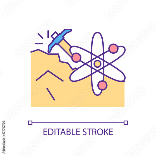 Uranium ore mining GB color icon. Radioactive fossil fuel extraction. Nonrewable energy sources. Isolated vector illustration. Simple filled line drawing. Editable stroke. Arial font used