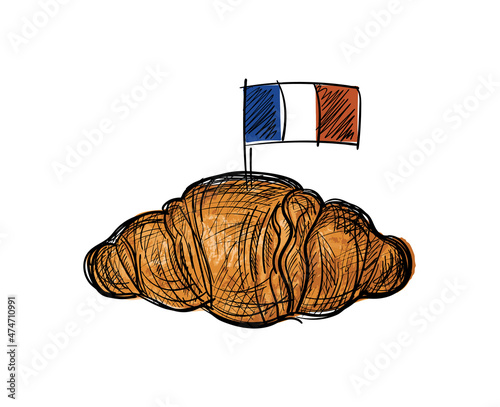 Single French Butter Croissant with Flag Isolated on White