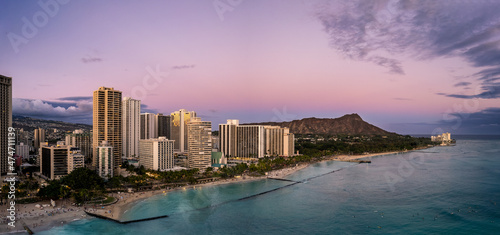 Cityscape, Diamond Head and Waikiki Beach at sunrise, Honolulu, Oahu, Hawaii, USA