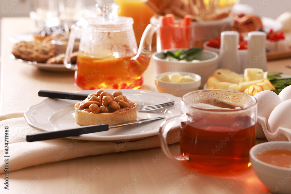 Dishes with different food on table indoors. Luxury brunch Dishes with different food on table indoors. Luxury brunch