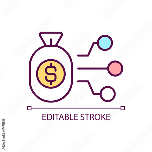 Budget allocation RGB color icon. Money transfer. Divide money between departments. Financial strategy. Isolated vector illustration. Simple filled line drawing. Editable stroke. Arial font used