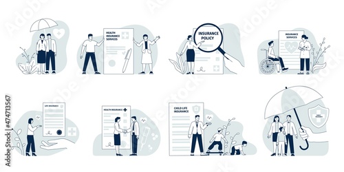 Life insurance. People support, lifes risk contracts. Private health save, healthcare policy. Family helping, protection of children, recent vector scenes