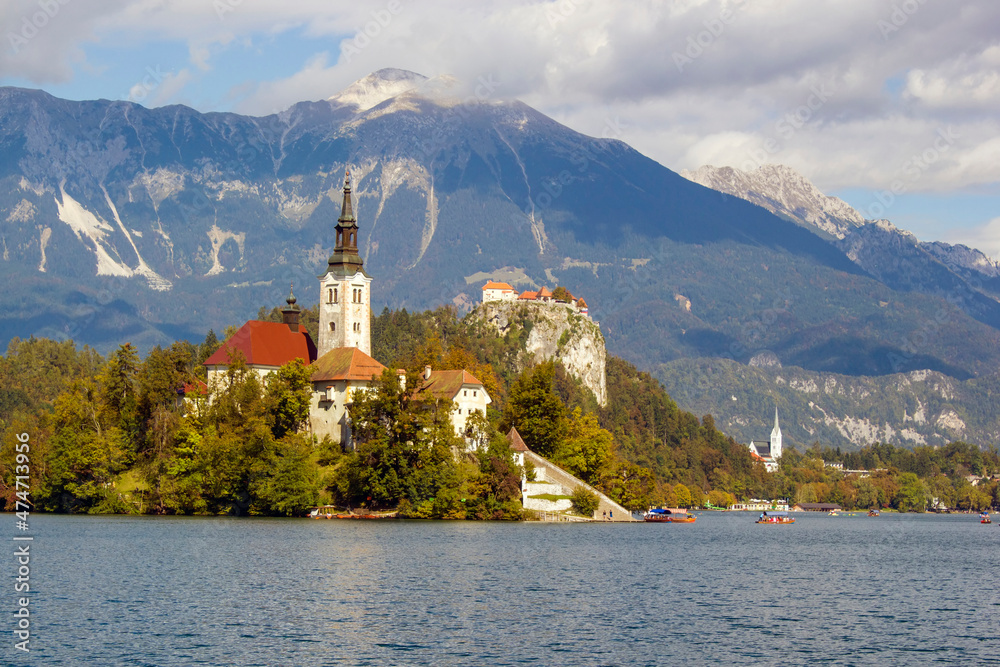 Catholic church on an island in the middle of the Bled lake in Slovenia