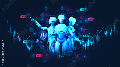 Graphic of Artificial intelligence trading crypto currency by snalyzing all indicators, Vector illustration