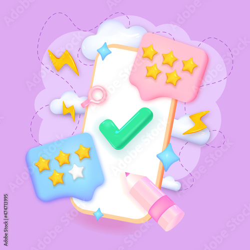 Phone with customer review rating messages vector illustration. Vector customer review concepts. Reviews stars with good rate and text. 3d render illustration
