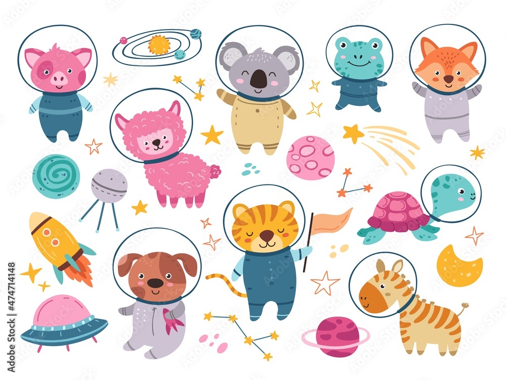 Fototapeta premium Cartoon space animals. Animal astronauts, spaceship and stars. Universe travel, kids funny friends. Childish adventures in cosmos neoteric vector set
