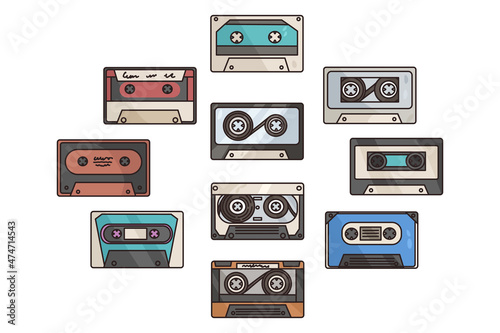 Set of colorful retro music cassettes. Collection of various plastic old-fashioned music tapes. Old technology and sound. 90s audiocassette for stereo analogue player. Flat vector illustration. 