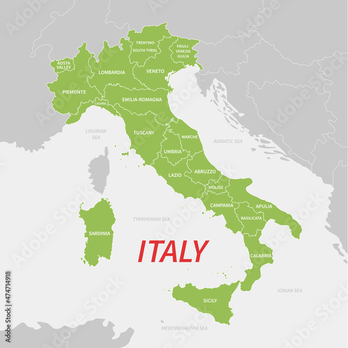 Map of Italy with regions borders. The location of the borders of the state of Italy. Vector Illustration.