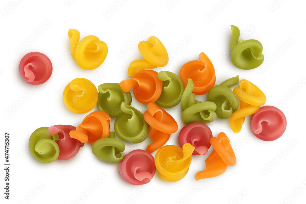 Raw colored pasta isolated on white background with clipping path and full depth of field. Top view. Flat lay