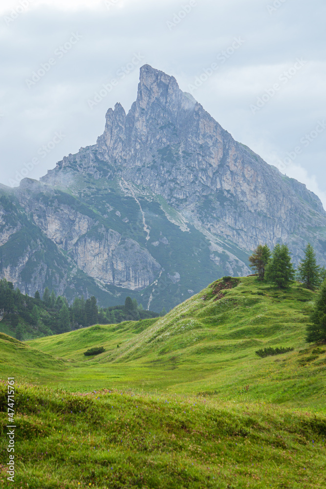 The Dolomites, in the Italian Alps, seen from the Falzarego pass, near the town of Cortina d'ampezzo, Italy - August 2021.
