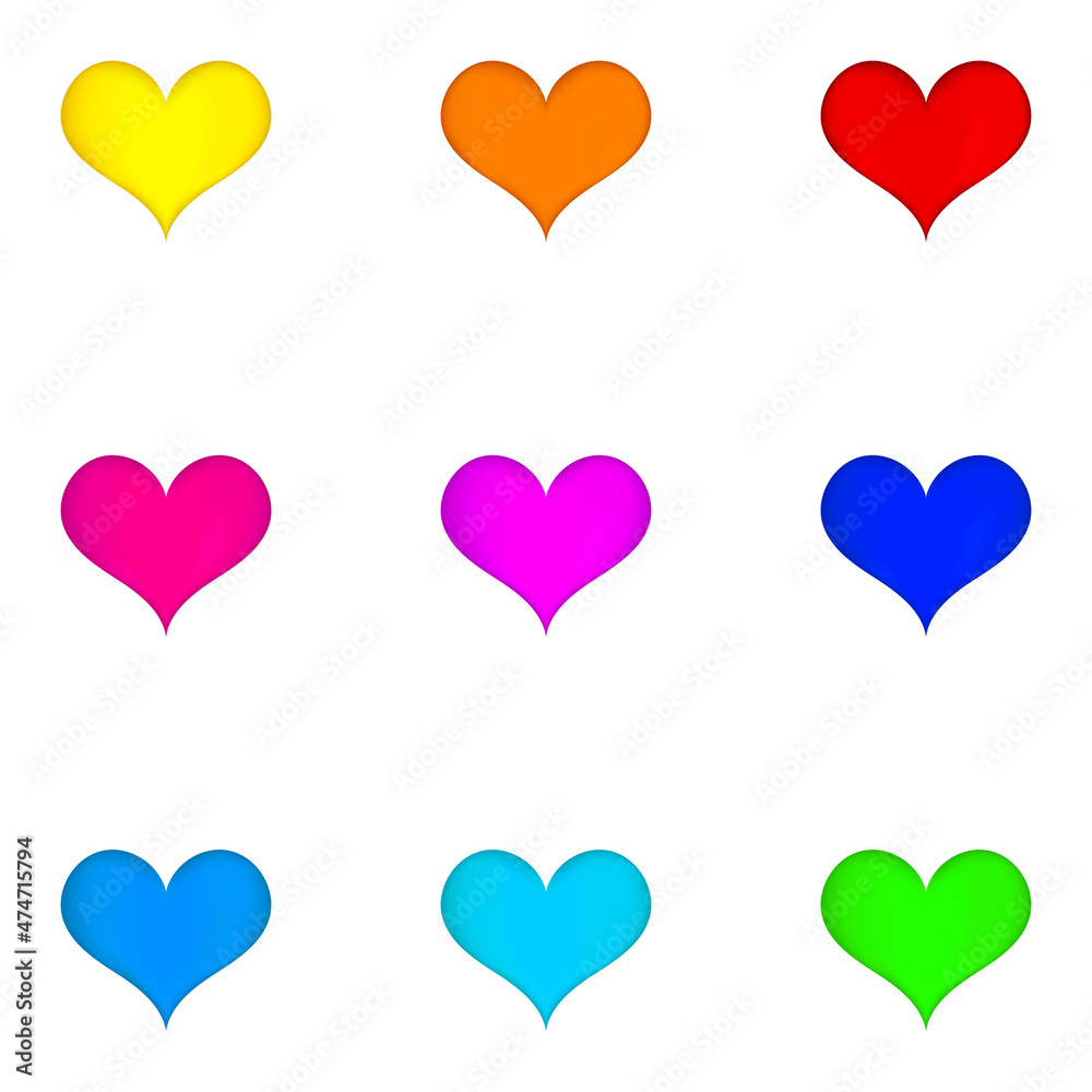 Colorful heart set with yellow, orange, red, pink, purple, blue, green colors. Romantic decoration element on white isolated background.