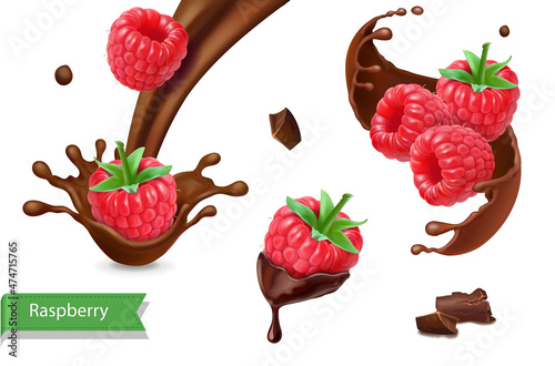 Raspberry realistic in chocolate splash set. Chocolate-dipped red berries 3d realistic vector