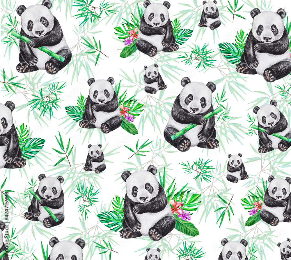 Pattern of funny panda bears and bamboo leaves. Watercolor. Idea for textiles, prints, covers and more. 