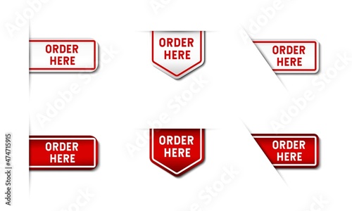 Order Here Sign Label. With 3D arrow symbol on gradient red and white color. Premium and luxury illustration vector