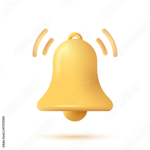 3d notification bell icon in cartoon style. 3D gold bell isolated on white background. Icon for new message, reminder, alert and alarm. Vector illustration.