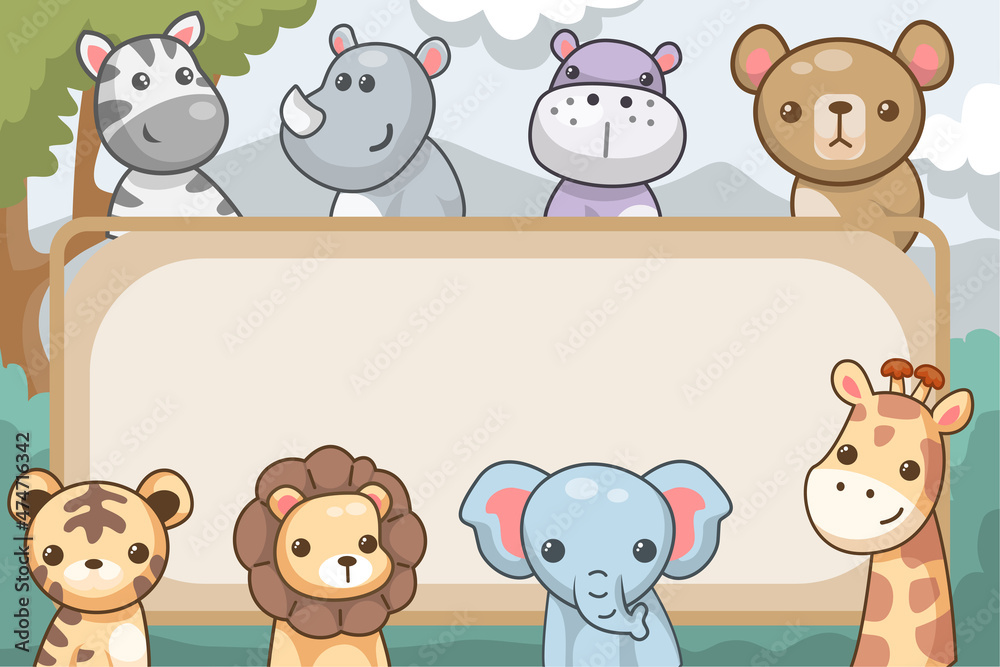 Obraz premium Cute african animals with blank sign. with a beautiful natural scenery background