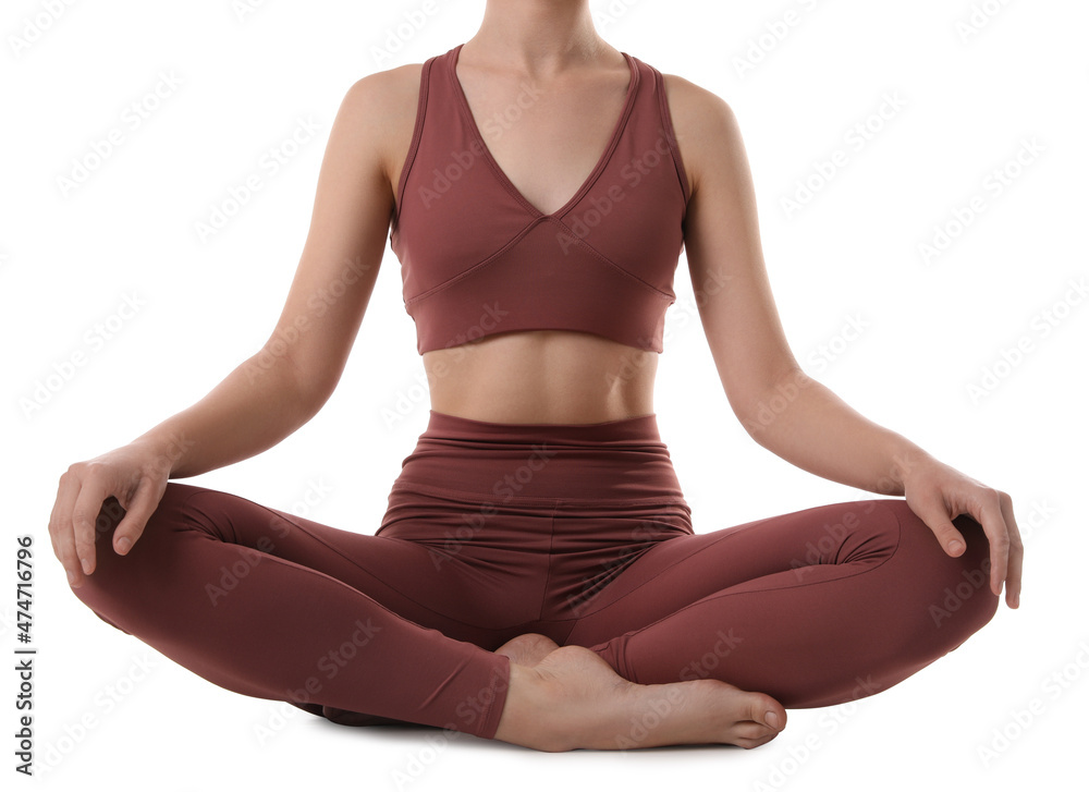 Woman in sportswear meditating on white background, closeup