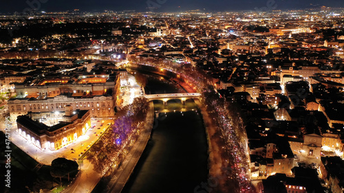 Obraz na plátne Aerial drone night shot from illuminated Cassation court Palace of justice, the