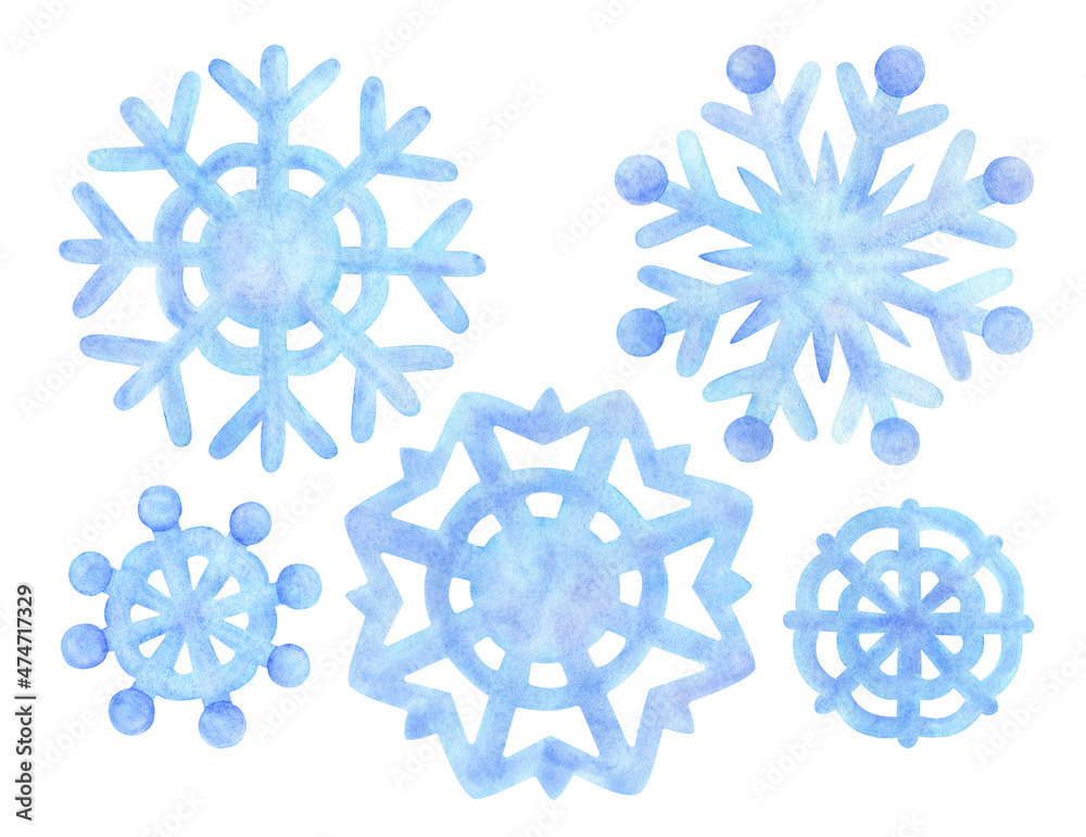 A blue snowflake. Watercolor illustration of a snowy flake. Hand drawn drawing isolated on a white background. Winter Cartoon Clip Art Set for Sticker, Design, Print