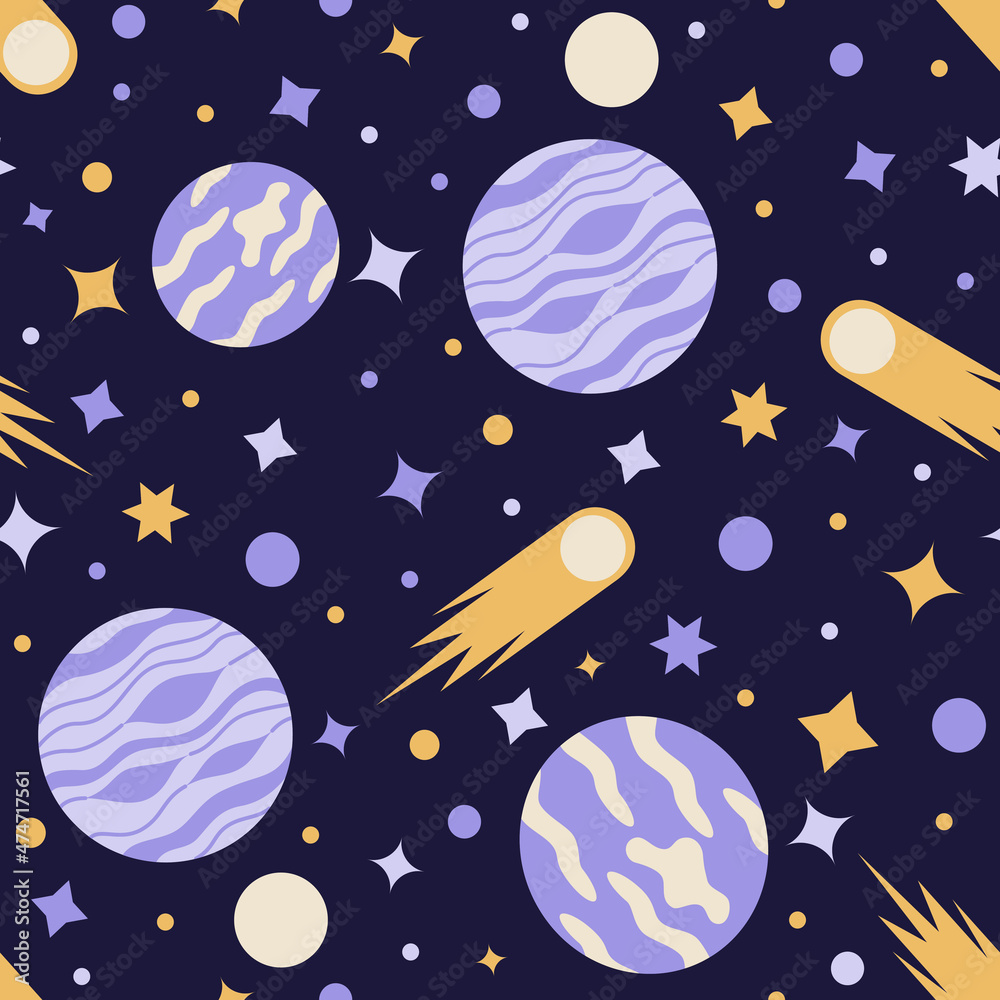 Seamless pattern of deep space with planets and stars, comets and asteroids in a flat style. Vector illustration Seamless pattern of deep space with planets and stars, comets and asteroids in a flat style. Vector illustration