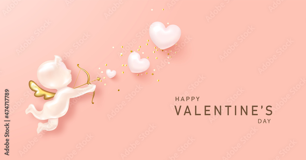 Happy Valentine s Day poster with realistic 3d angel cupid, hearts and confettti.Festive background for February 14.Vector design for postcards, advertising material, websites