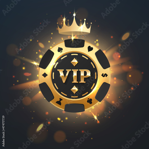 Black poker chip, gold letters VIP with golden light, rays, glare, sparkles and crown on black background. Vector illustration for card, casino, game design, advertising.