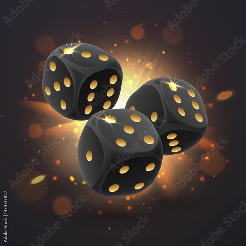 Three black dice from different sides with gold, golden dots with light, rays, glare, sparkles on black. Vector illustration for casino, game design, card, flyer, poster, banner, web, advertising.