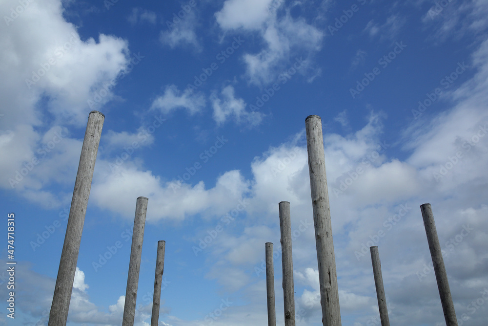 Wooden poles at the Dutch coast against a blue sky with fluffy clouds
