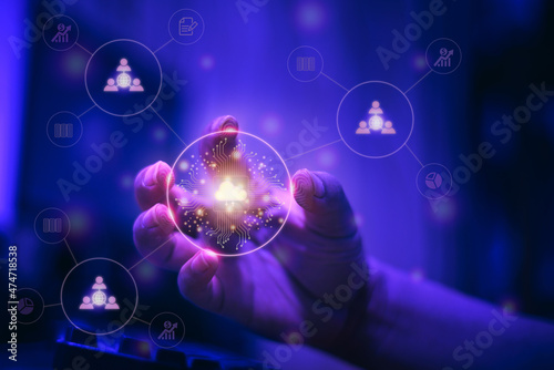 Cyber ​​punk tone image of person touching virtual screen to scan fingerprint, digital transformation management concept. Internet of Things, Big Data and Business Processes, Cloud Computing
