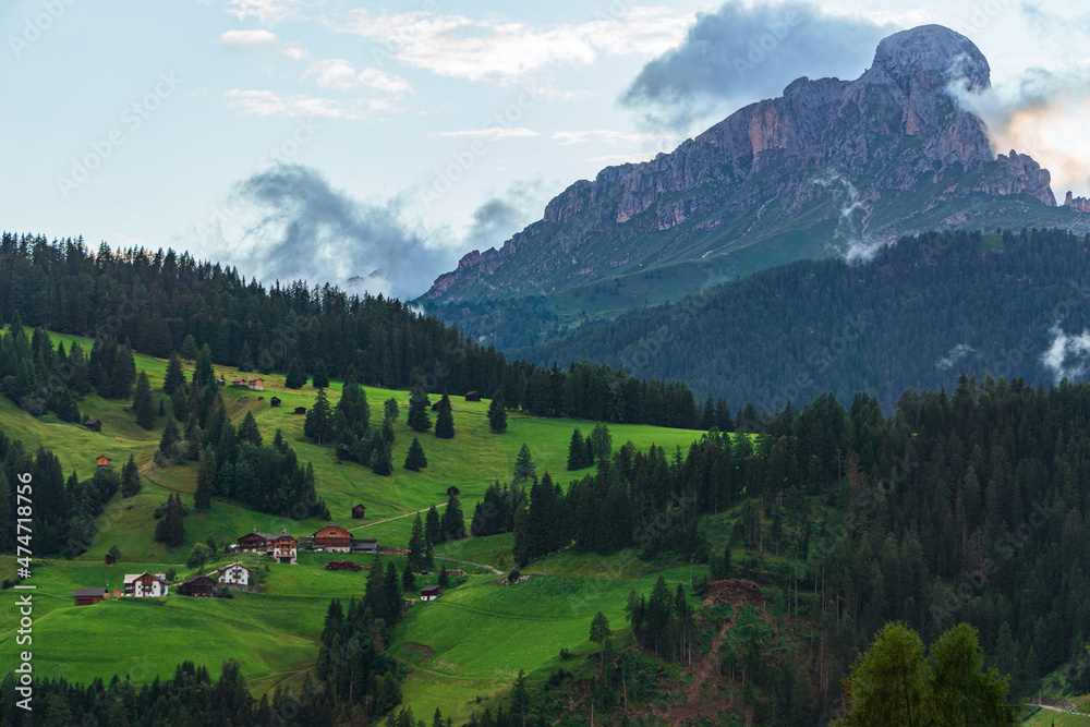 alta badia, a valley in the dolomites, with the light of the sunset, at the end of a summer day - August 2021.