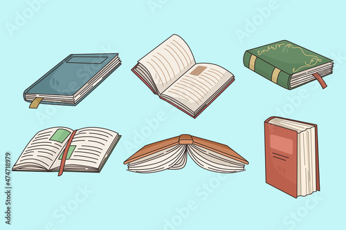 Collection of different books open and closed. Set of classis paper textbooks. Reading as hobby. Literature lover and booklover. Bookstore or bookshop advertising. Flat vector illustration. 