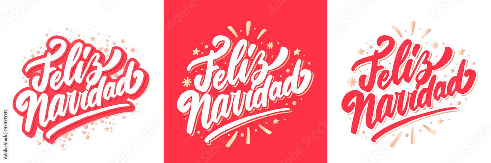 Merry Christmas in Spanish, Feliz Navidad. Vector handwritten lettering cards set.