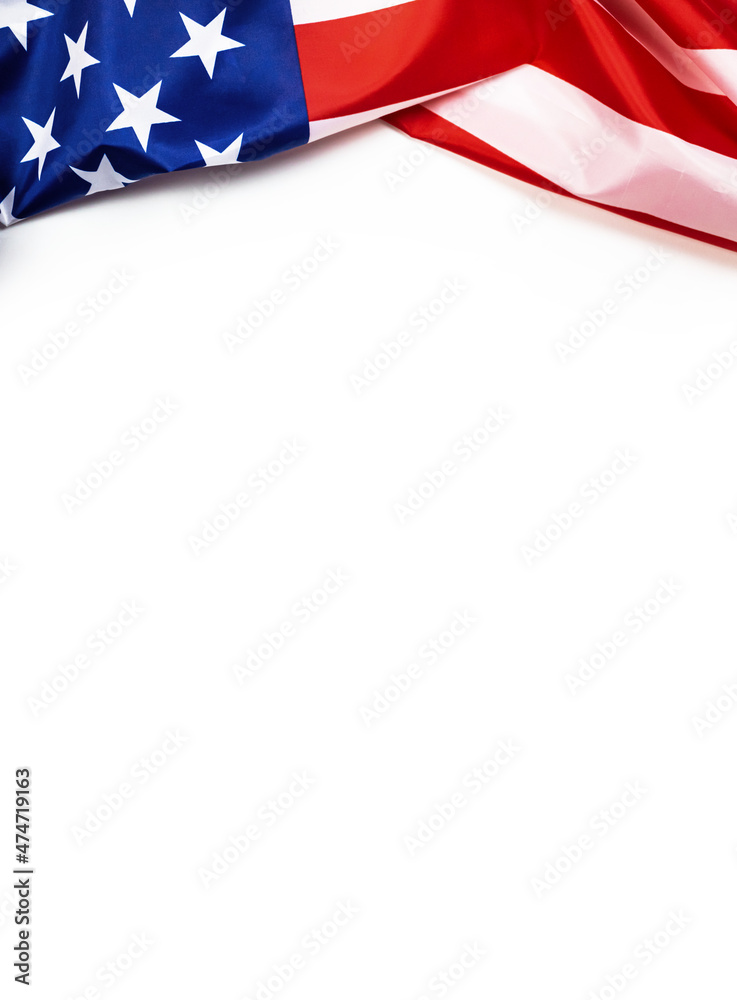 Obraz premium USA flag on white background. Top view, copy space. American flag for Memorial Day, 4th of July, Labour Day