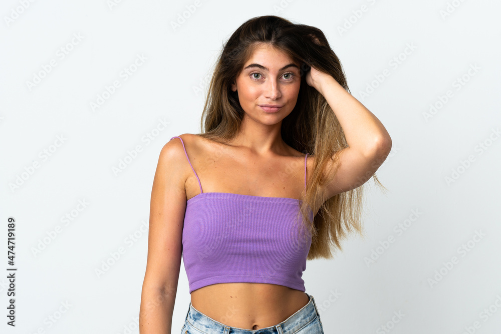 Fototapeta premium Young caucasian woman isolated on white background with an expression of frustration and not understanding