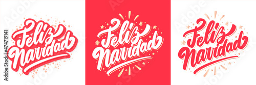Merry Christmas in Spanish  Feliz Navidad. Vector handwritten lettering cards set.
