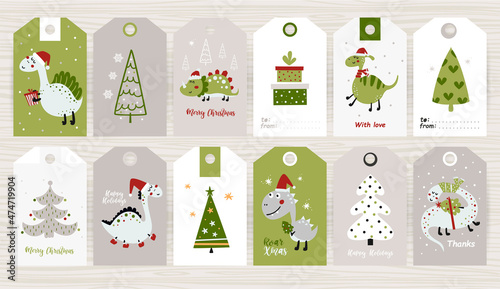 Set of tags with christmas dinosaurs.