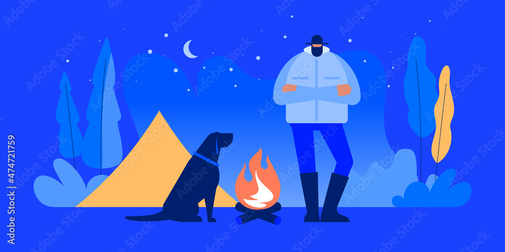 Outdoor activity concept - man, dog, campfire, tent, night, snow. Vector illustration. Outdoor activity concept - man, dog, campfire, tent, night, snow. Vector illustration.