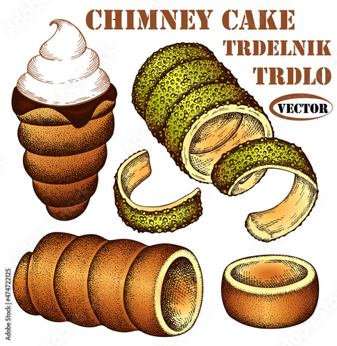 Sketch hand drawn set of colorful chimney cake with pistachio isolated on white background. Drawing chocolate trdelnik, hungarian sweet baked food, czech dessert, kürtőskalács. Vector illustration.