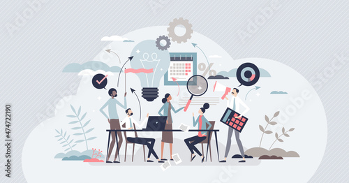 Marketing agency with advertisement and content creation tiny person concept. Teamwork brainstorming process and client ads campaign for social media vector illustration. Company identity searching.