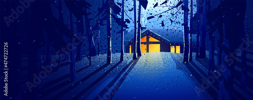 Country house, night, trees, background moonlight. Atmospheric winter landscape in cool colors. Cozy country house in surrounded by forest. Panoramic vector landscape. 